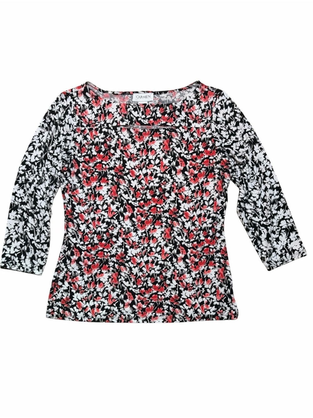 Carmen Marc Valvo Floral Stretch Top Medium 3/4 Sleeve Keyhole Neck